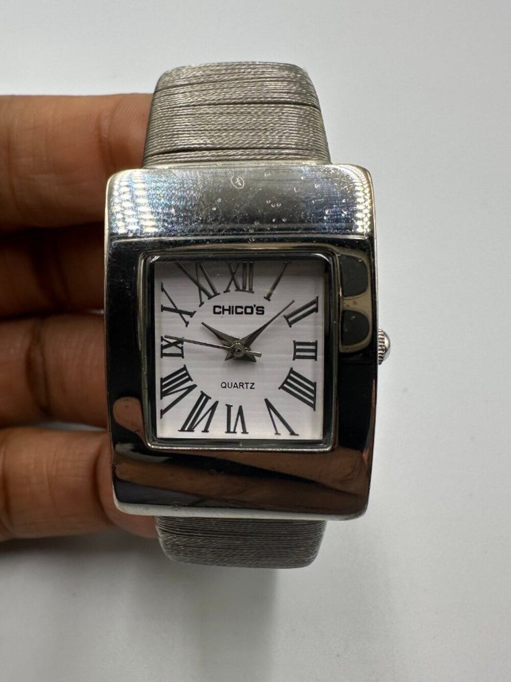 3/$30 Chico's Women Watch Silver Tone White Dial Wired Cuff Band 6.25"